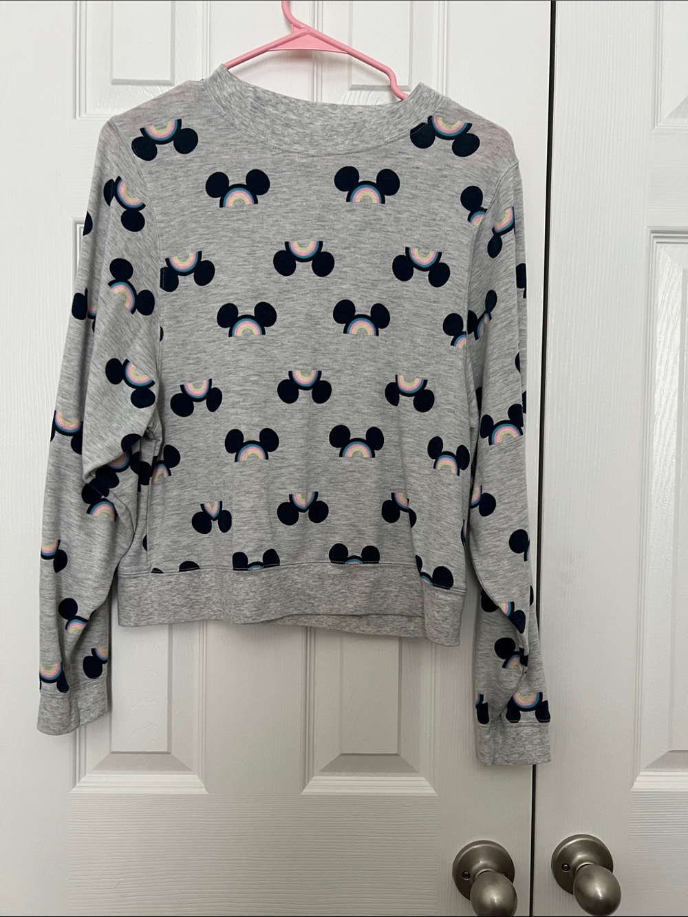 Disney Gray Crewneck Sweatshirt with Navy Mickey Heads and Pastel Rainbows